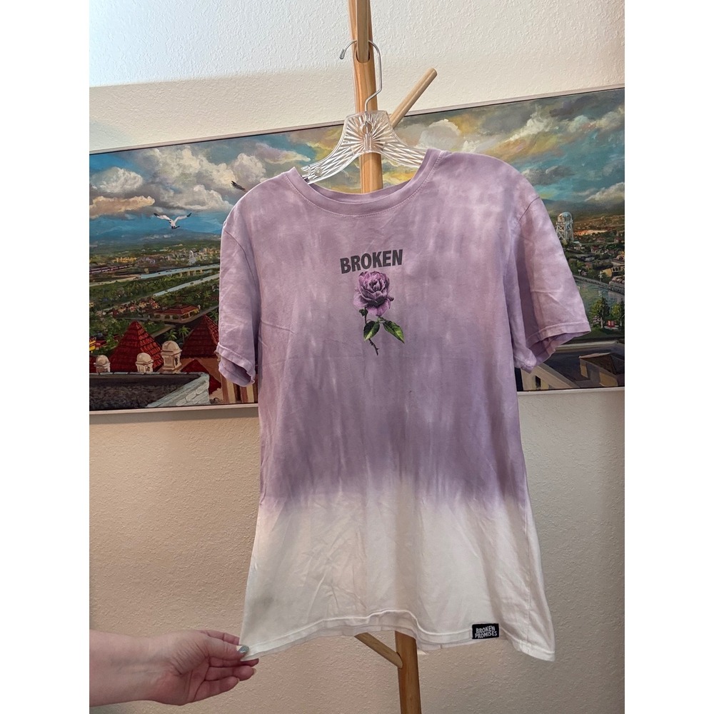 Broken Promises Graphic Tee Women Small Purple Tie Dye Rose Short Sleeve Shirt
